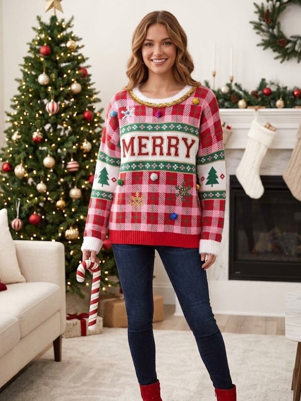 Ugly Christmas Sweater Pink Plaid MERRY Pom Pom Tinsel Sparkle Knit X-Mas XL